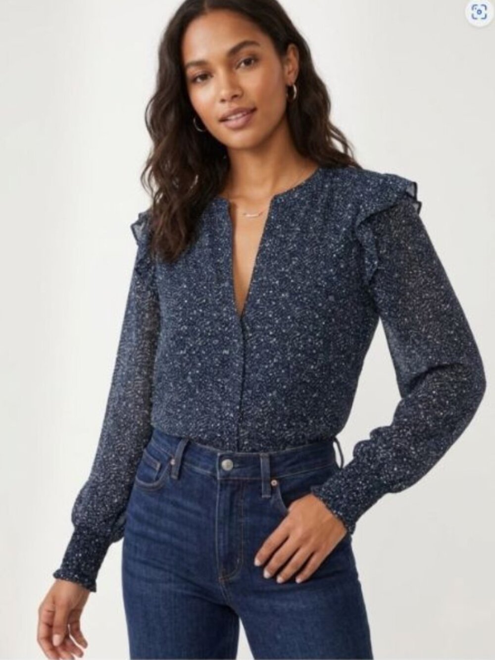 Evereve June Dotty Blouse Size Small Navy Blue Metallic Work Office Chiffon